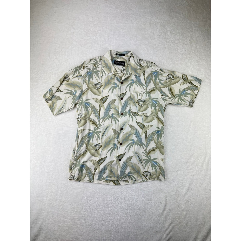 Ocean Pacific Button Up‎ Mens Relaxed S Cream Palm Tropical Silk Aloha Shirt